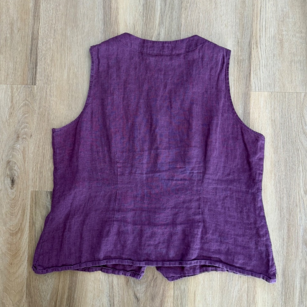 FLAX Plum Purple 100% Linen Button Down V-Neck tank Vest Lagenlook Top M boho - Picture 2 of 5